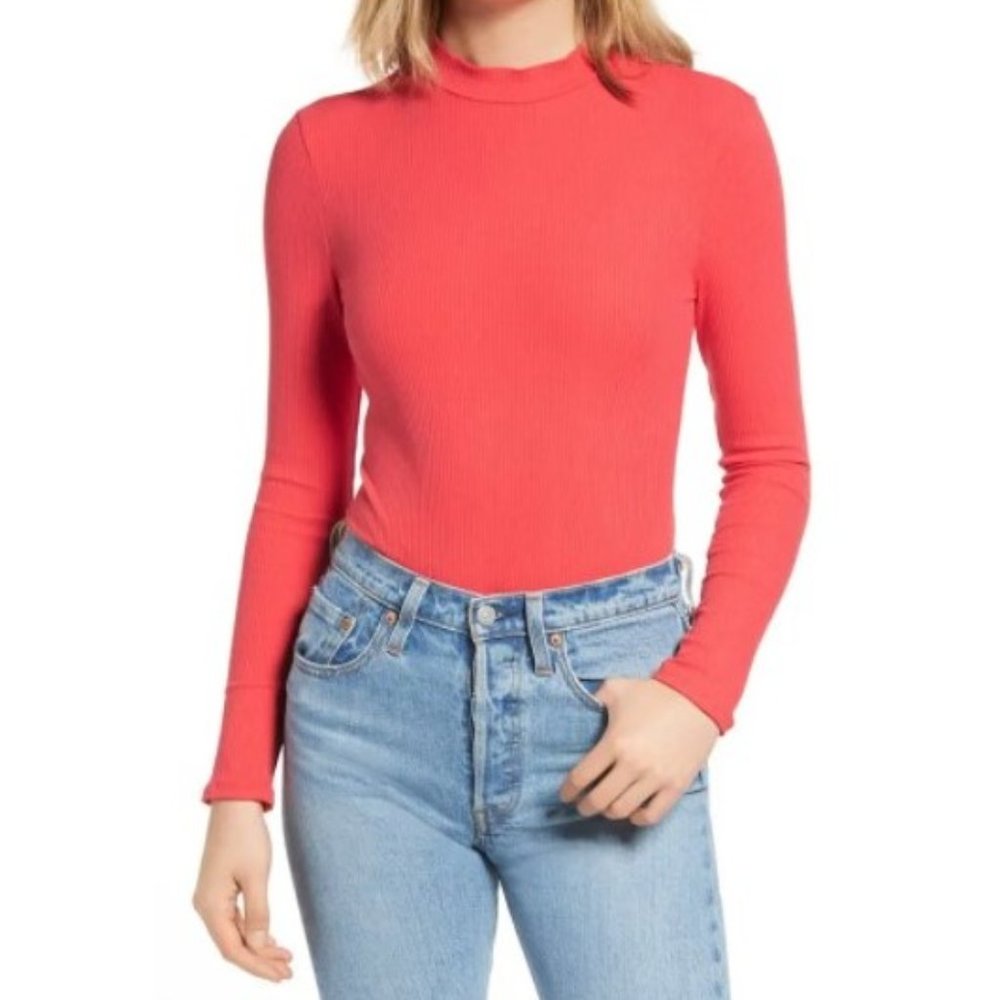 Women's Bp. Mock Neck Poinsettia Red Ribbed Bodysuit
